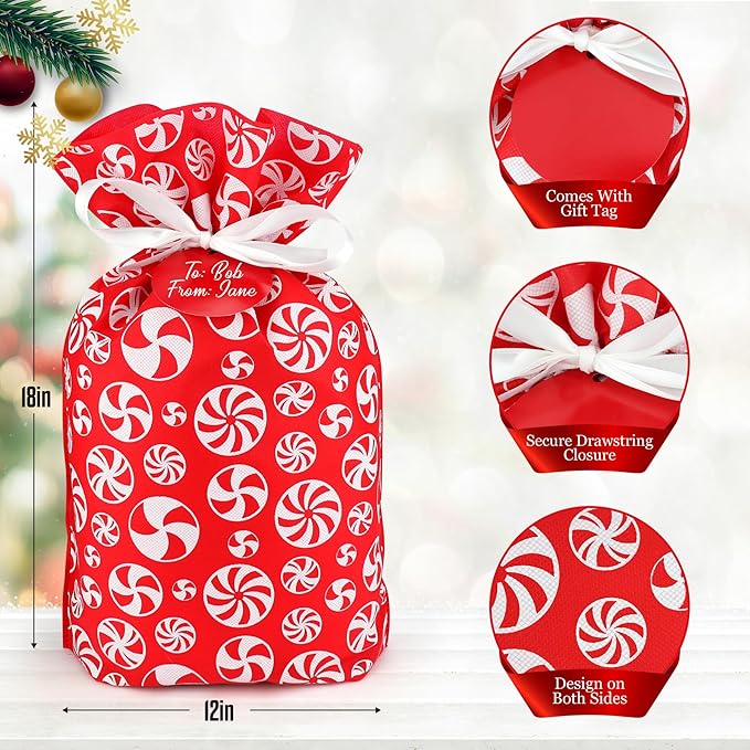 Fabric Gift Bags for Christmas Presents - 6 Pcs Holiday Bags with Drawstring, Large Christmas Gift Bags for Presents, Gift Wrap Reusable Bags for Gifts (Red Designs)
