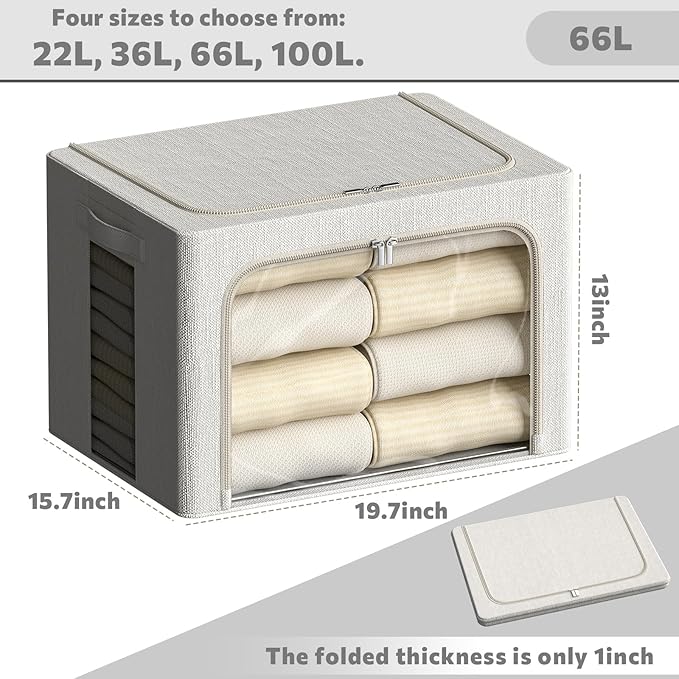 FHSQX 6 Pack Clothes Storage Bins with Metal Frame Foldable Storage Bins for Clothes Linen Fabric Storage Box with Clear Window (Lvory White, 19.7x15.7x13inch(66L))