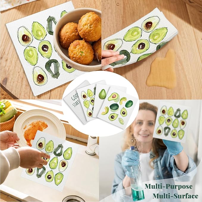 Avocado Swedish Dishcloths for Kitchen, Swedish Dish Cleaning Cloths for Friut, Papaya Reusable Paper Towels, 4 Pack Dish Towels for Kitchen, Reusable Sponge Cloths Washable