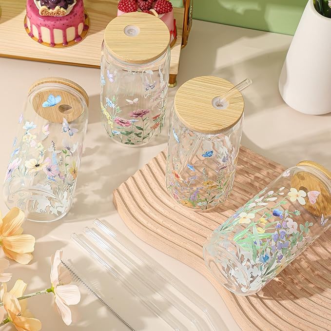 Mumufy 8 Pcs Gift for Women Wild Flower Glass Cup Tumbler Butterfly Iced Coffee Mugs 16 oz Glass with Bamboo Lid & Straw, Christmas Mothers Day Birthday Gift for Mom Sister Bridesmaid Baby Shower