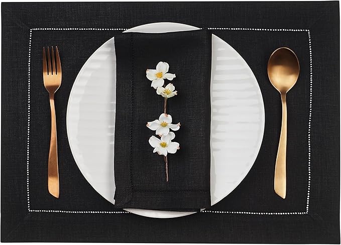 D'Moksha Homes Linen Placemats Set of 4 - Classic Hemstitch Black Placemats 14 x 19 Inch - 100% Pure Linen Table Mats for Winter, Christmas, Holiday - Handcrafted and Machine Washable
