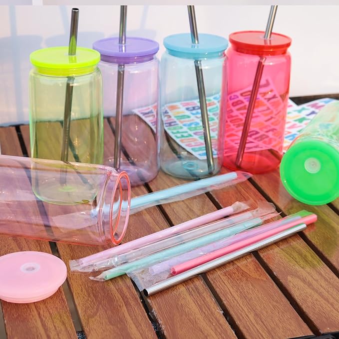 16oz Acrylic Mason Jars Cups, 12 Pack Can shaped Plastic Cups with Lids and Straws, Iced Coffee Cup Cute Drinking Glass Unbreakable Tumbler for Whiskey, Soda, Iced Tea, Colored