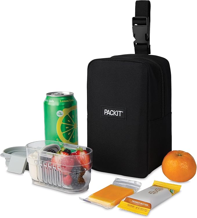 PackIt Freezable Upright Snack Box, Black, Built with ECOFREEZE Technology, Fully Freezable, Collapsible, Reusable, With Top Buckle Handle and Top Load Design, For Perishable Snacks On the Go
