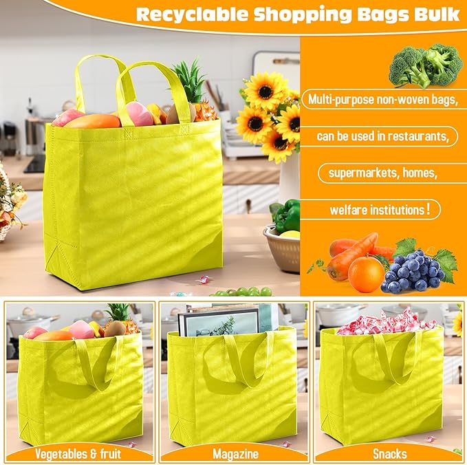 Windyun Reusable Grocery Bags Large Non Woven Shopping Bags with Handles Foldable Portable Tote Bulk, 12.6 x 11.8 x 6.3 Inch