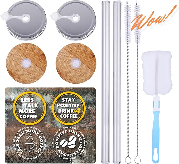 2 Pcs Glass Cups with Lids and Straws, 20oz/600ml Ice Glass Coffee Cups with Lids, Reusable Wide Mouth Tumbler with & Leakproof Metal Lid & Eco Bamboo Lid & Cleaning Kit