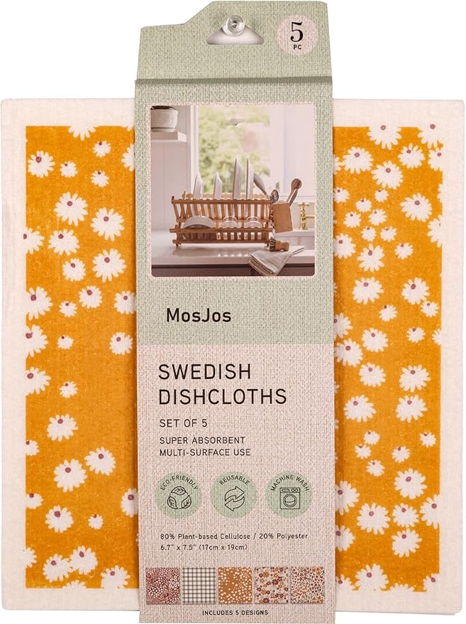 MosJos Swedish Dishcloths, Vintage Plant-Based Cellulose, 6.7x7.5 Inch, Super Absorbent, Multi-Surface, Machine Washable, Reusable, 5 Pack (Rust Green Burgundy)