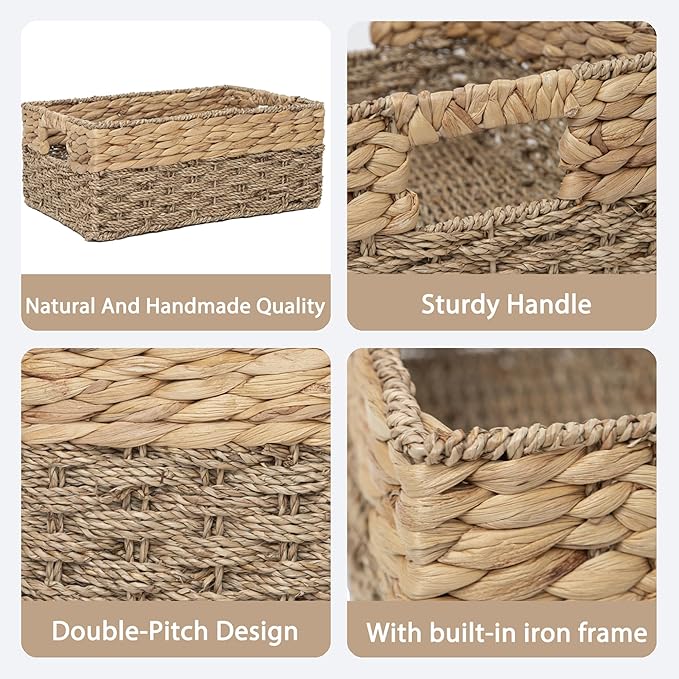 Handmade Water Hyacinth Storage Basket, Woven Basket Organizer with Inner Handles for Home & Office Decor (Medium)