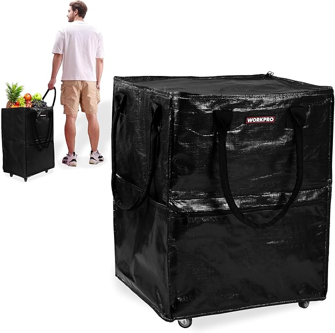 WORKPRO Large Reusable Grocery Bag on Wheels, Heavy Duty Rolling Shopping Tote with Handle, Folding Trolley on 5 Caster Wheels for Groceries, Laundry, Camping, Moving