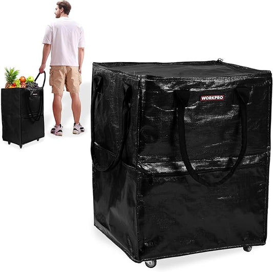WORKPRO Large Reusable Grocery Bag on Wheels, Heavy Duty Rolling Shopping Tote with Handle, Folding Trolley on 5 Caster Wheels for Groceries, Laundry, Camping, Moving