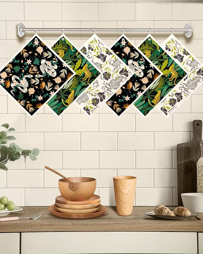 Kitchen Swedish Dishcloths with Hooks - 6 Pack Reusable Dish Cloths for Washing Dishes Fast Drying Cute Fun Swedish Dish Towels Washable Cleaning Sponge, Snake Tiger Leopard