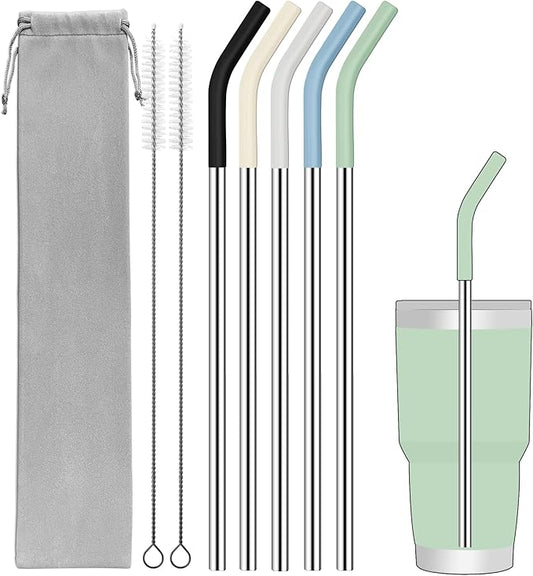Set of 5 Stainless Steel Straws for 30 Oz Tumbler,For Stanley 30 Oz Tumbler, Reusable Metal Straw with 10 Silicone Tips and 2 Straw Cleaning Brush （5 colours 1, 30oz）