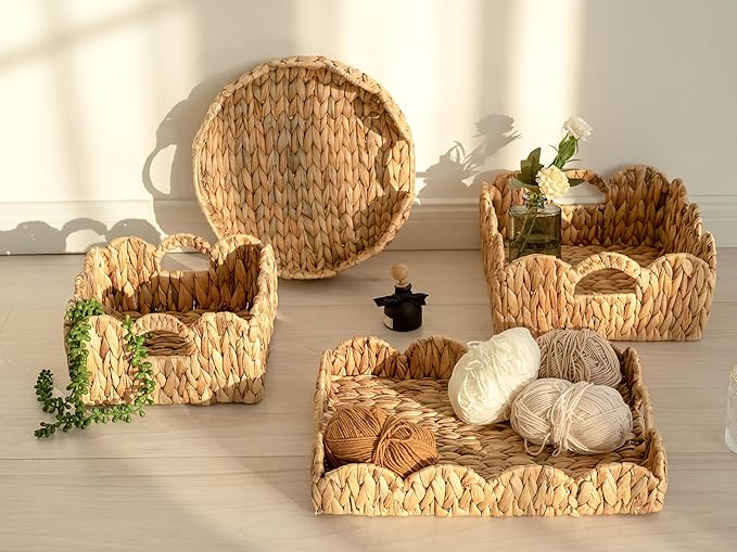 StorageWorks Rectangle Wicker Scalloped Tray, Rattan Serving Trays with Handles, Water Hyacinth Basket for Decorative & Organizing, 15.75" L x 11.5" W x 2.75" H