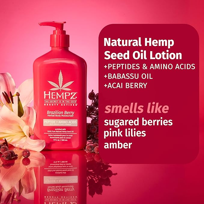 Hempz Brazilian Berry Beauty Actives Lotion with Peptides and Amino Acids, Hydrating and Firming Moisturizer for Body, Hands and Feet 17 oz.