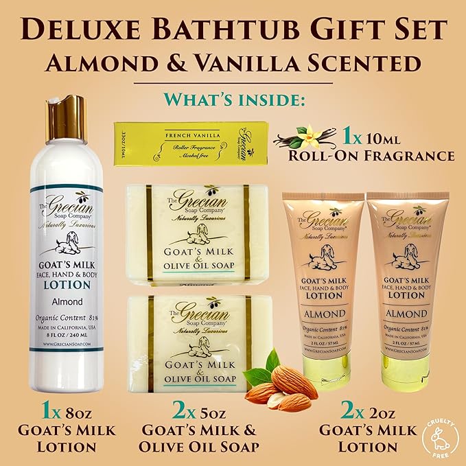 The Grecian Soap Company Deluxe Gift Basket for Women - 6pcs Goat Milk & Olive Oil Skin Care Set, Birthday Gifts, Spa Gift, Bridal Shower Gifts, Gifts for Mom, Almond Scent, Handmade in the USA