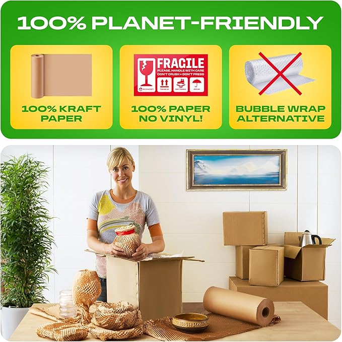 Honeycomb Packing Paper | Extra Thick 90 GSM Packing Wrap | Biodegradable Packing Materials: 15” x 400’ Moving Paper + 30 Fragile Stickers | Paper Bubble Wrap/Packing Bubbles Substitute