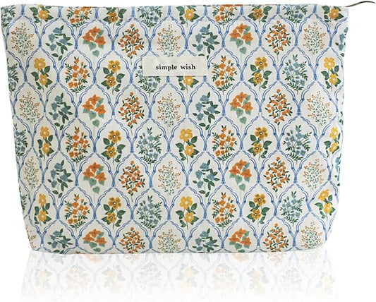 Wudygirl Cute Makeup Bag for Women - Travel Cosmetic Bag with Zipper Makeup Pouch Floral Make up Organizer Handbag Aesthetic (Blue Striped Floral)