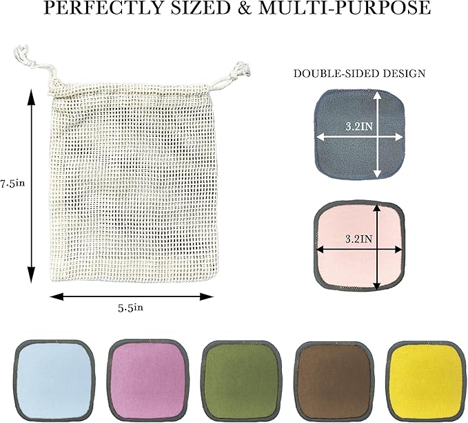 18 Pack Reusable Makeup Remover Pads - 6 Colors Washable Reusable Cotton Pads with Cotton Bag,Washable Cotton Rounds Double Sides Gentle for All Skin Types