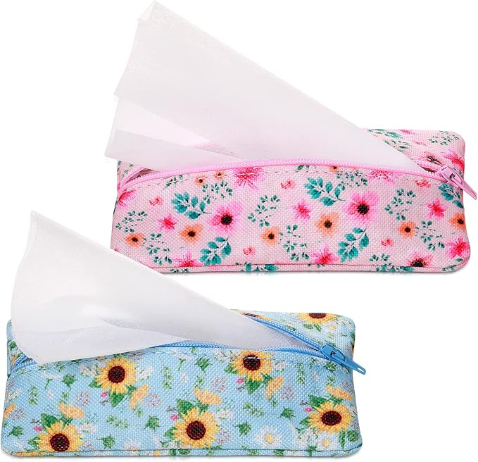 Kigeli 2 Pieces Purse Tissue Holder Travel Tissue Pouch for Purse Fabric Zipper Enclosed Pouches Reusable Flower Pattern Paper Holder for Coins, 5.25 x 3 Inches(Floral Flower Print)