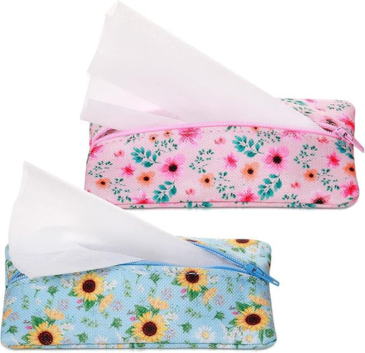 Kigeli 2 Pieces Purse Tissue Holder Travel Tissue Pouch for Purse Fabric Zipper Enclosed Pouches Reusable Flower Pattern Paper Holder for Coins, 5.25 x 3 Inches(Floral Flower Print)