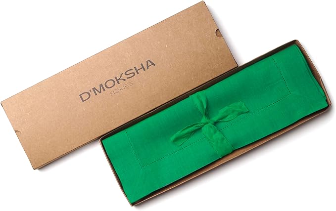 D'Moksha Homes Linen Placemats Set of 4 - Classic Hemstitch Kelly Green Placemats 14 x 19 Inch - 100% Pure Linen Table Mats for Christmas, Holiday - Handcrafted and Machine Washable