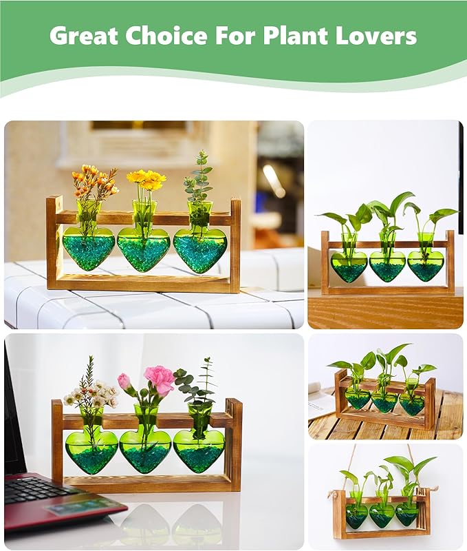 Nacome Plant Terrarium Propagation Stations: Air Planter 3 Bulb Glass Heart Shaped Vase with Wooden Stand for Hydroponics Home Office Decor - Christmas Gifts for Plant Lovers Women Mom Wife(Green)