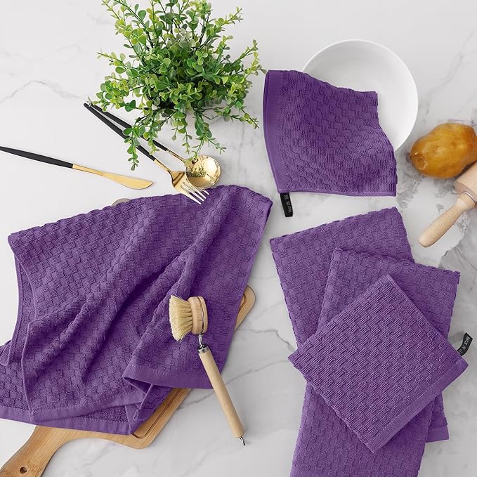 Fintale 100% Cotton Kitchen Towels and Dishcloths Set, 12 x 12 & 15 x 25 Inches, Set of 8 Bulk Super Soft and Absorbent Terry Cloth Dish Towels, Quick Drying Hand Towels with Hanging Loop, Purple