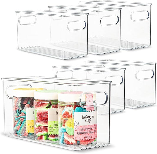 primebox 6 pack Clear Plastic Storage Container Bin with Integrated Easy Grip Handles. For Kitchen, Fridge, Freezer, Cabinet, Pantry, Bathroom Organization. 10"x4"x5"