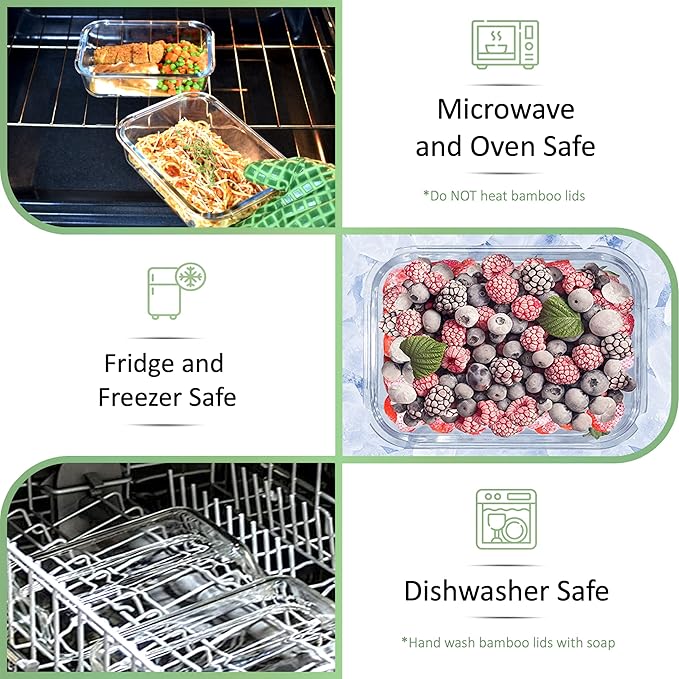 Glass Meal Prep Containers with Bamboo Lids (3 Pack) - 100% Plastic Free, Eco-Friendly Lunch Containers, Bamboo Lid Storage Container Set - Microwave Safe Glass Food Storage Container Set