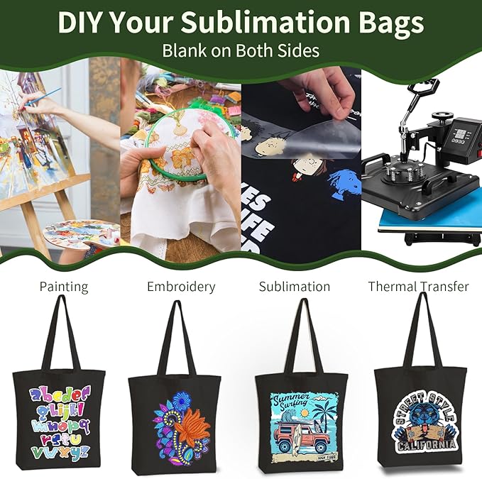 10 Pack Black Canvas Tote Bag with Zipper, OLSUNOR Reusable Grocery Bags with Long Handle, DIY Heat Transfer Sublimation Blanks Shopping Bags for Advertising Birthday Thanksgiving Christmas Craft Bags