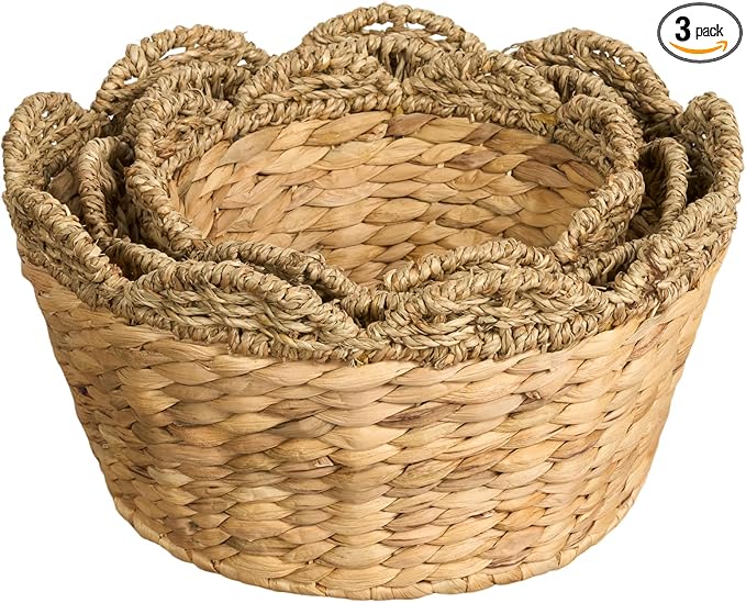 Isidore Water Hyacinth Storage Baskets, Round Woven Set of 3, Natural Brown, Pantry Organizer for Kitchen and Bathroom Storage