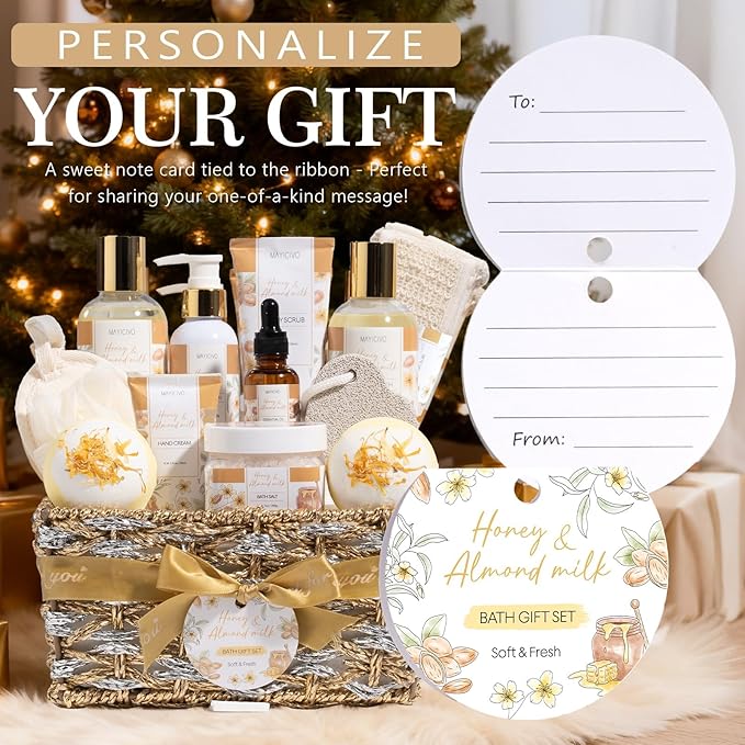 Christmas Birthday Gifts for Women, Honey & Almond Milk Relaxing Spa Gift Baskets for Women Self Care Package Bath Gift Set, Home Bath and Body Kit Pamper Gifts for Womens Mom Her Friends Sister Wife