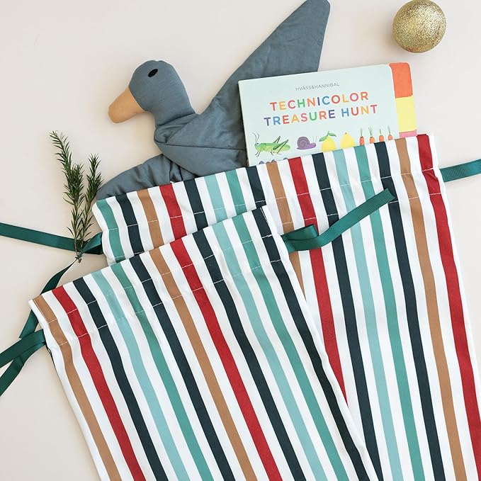 Gather & Knot Drawstring Christmas Gift Bags | 20" Large 16" Medium | Premium Canvas | Reusable Fabric Wrap for Holidays | Mix & Match | Green Stripes