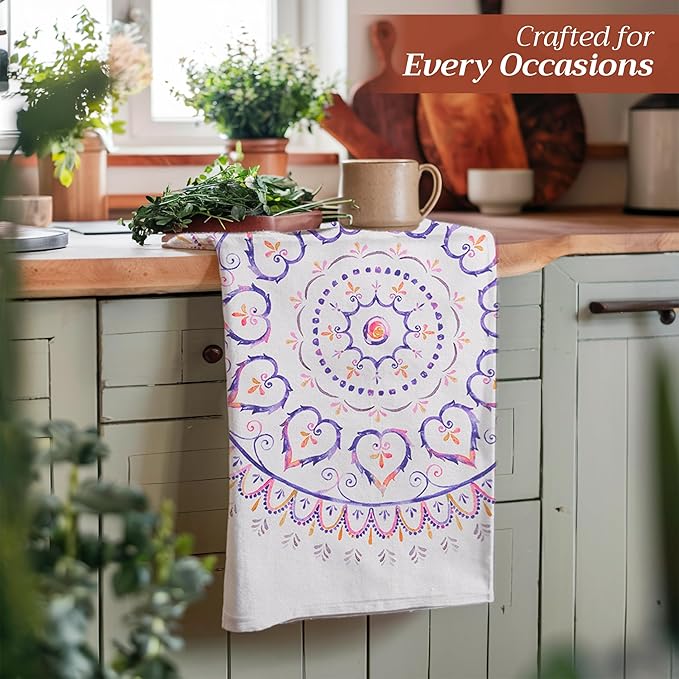 Maison d' Hermine Kitchen Towels Set of 3 100% Cotton 27.50" x 20" Reusable Cloth Tea Dish Towels Absorbent with Hanging Loop for Kitchen, Home, Dining, Cocktail Parties Spring/Summer (Mandala)