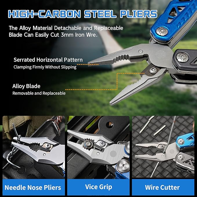 17-in-1 Multitool Pliers with Nail Puller, Saw Screwdrivers, Bottle Opener,Carrying Pouch,High-carbon Steel Multi Tool Ideal for Camping Survival and Gift Blue and Silver