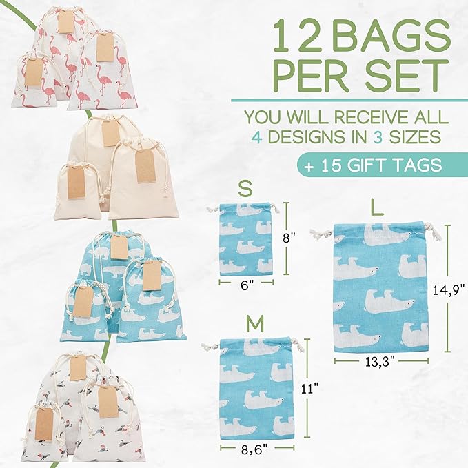 12 pcs Reusable gift bags. Bonus: 15 Gift tags & String. Multipurpose Gift wrap bags. Fabric gift bags. Gift bags assorted sizes for Holiday gifts, birthdays, parties. 8th Ed.