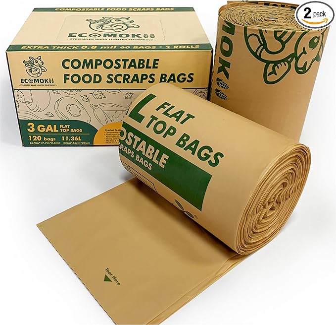 EcoMokii Compostable Trash Bags 3 Gallon, 120 Count, Extra Thick 0.8 Mil Small Compost Bags for Kitchen Countertop Bin, Food Scrap Bag Certified by BPI & OK Compost Home