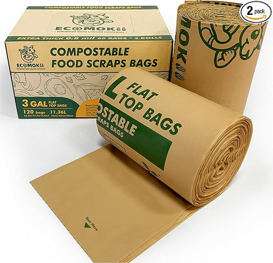 EcoMokii Compostable Trash Bags 3 Gallon, 120 Count, Extra Thick 0.8 Mil Small Compost Bags for Kitchen Countertop Bin, Food Scrap Bag Certified by BPI & OK Compost Home