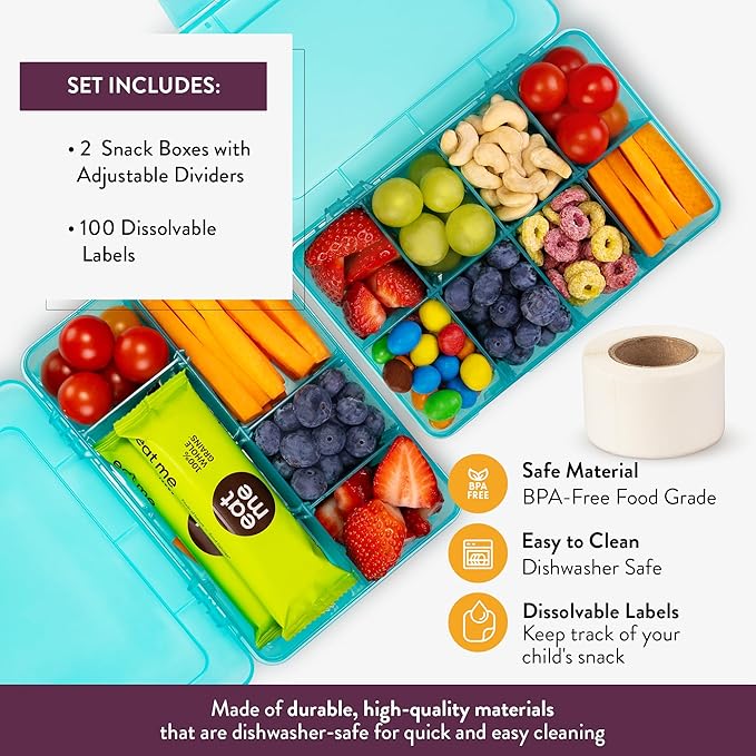 Snack Box Containers Set of 2-Reusable,100 Dissolvable Labels, 8 Adjustable Compartments, Dishwasher Safe, BPA-Free, Meal Prep Container, PARENT TESTED PARENT APPROVED AWARD (2 Pack) (Blue)