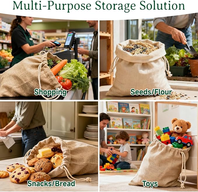 Simple&Opulence 12-Pack 5” x 7” Linen Cotton Drawstring Bags Reusable Grocery Sacks, DIY Craft Sachet Sacks Storage Cloth Bags for Party Wedding Home Bulk Produce Bags, Washable, Natual Linen
