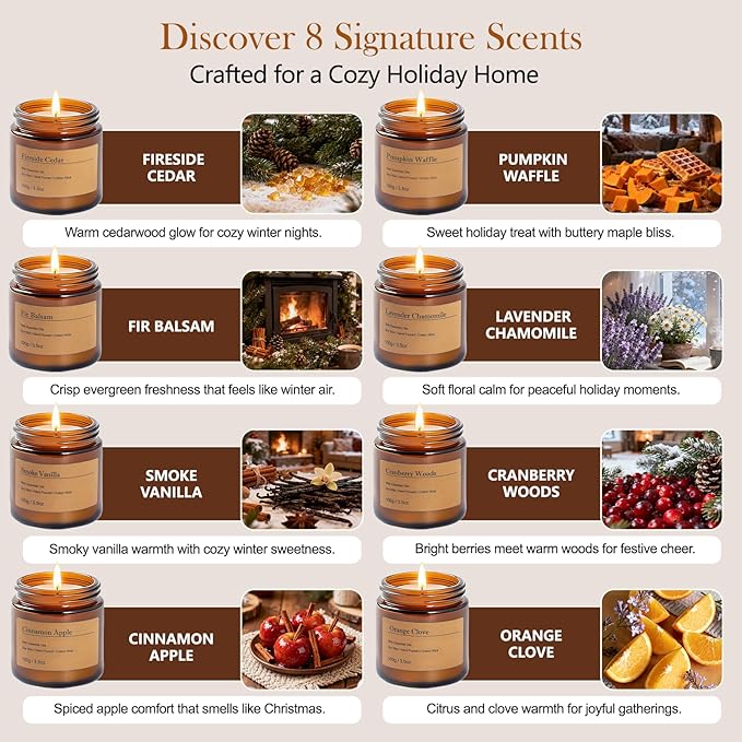 Holiday Candle Gift Set – 8 Pack Vintage Amber Glass Jar Candles,Winter Scents for Home,Christmas Gift for Women,Aromatherapy Soy Wax Candles,Cozy Home Décor,Premium Box