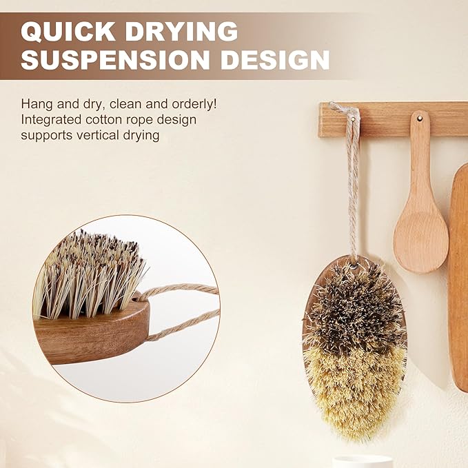 2 Pack Wooden Vegetable Brush Scrubber for Food - Dual Bristle Potato Brush Scrubber with Hanging Rope | Natural Compostable Kitchen Vegetable Scrubber for Potatoes, Carrots, Fruits