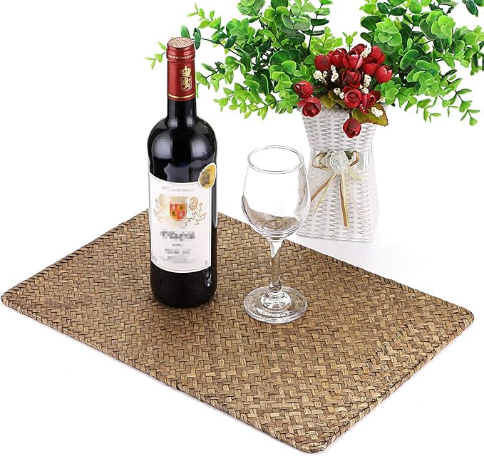 OwnMy Pack of 6 Natural Seagrass Placemats Woven Rattan Place Mat Rectangular Table Mats, 17" x 12" Sea Grass Meal Placemat Bamboo Place Mats for Dining Table Home Kitchen Picnic Table Decor (Coffee)