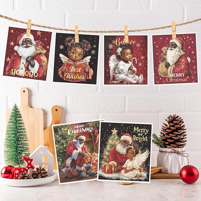 Christmas African American Swedish Dishcloths for Kitchen, 6PCS Black Girl and Santa Swedish Dish Cloths Gift Set, Reusable Absorbent Dish Towel for Xmas Home Cleaning(7.8 X 7 Inches)