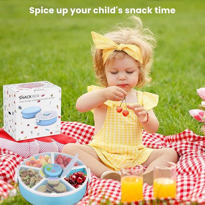 Snack Rotator Container Reusable Snack Box with 5 Compartment Dispenser and Lid, Color Matching Opening Lid, BPA and PVC Free, for Home, School, Travel (1 Pack- Blue)
