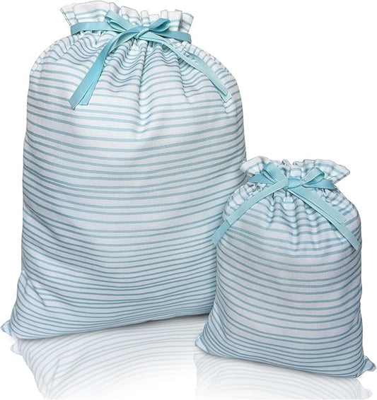 Gather & Knot Drawstring Gift Bags | 20" Large 12" Small | Premium Canvas | Reusable Fabric Wrap for Baby Shower, Birthdays, Hannukkah, Christmas | Blue Stripes