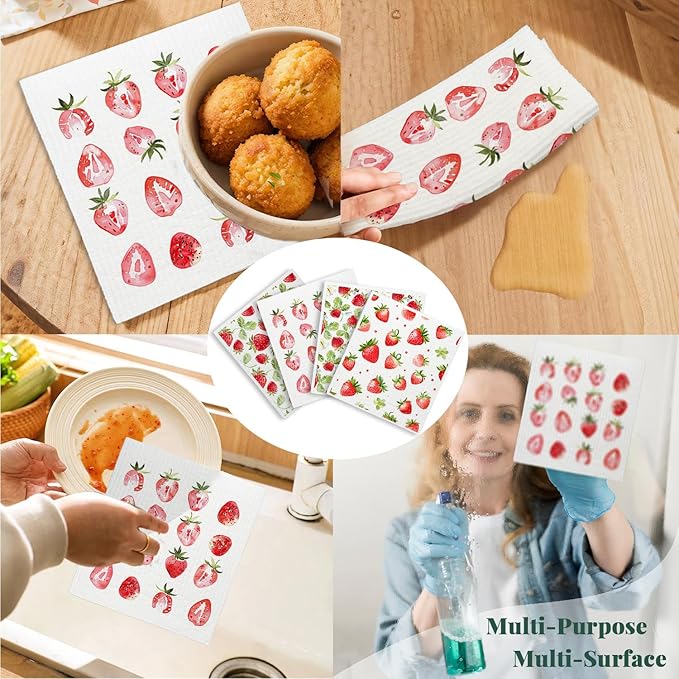 Strawberries Swedish Dishcloths for Kitchen, Pink Swedish Dish Cloths for Friut, Papaya Reusable Paper Towels, 4 Pack Cleaning Cloth for Kitchen, Reusable Paper Towels Washable
