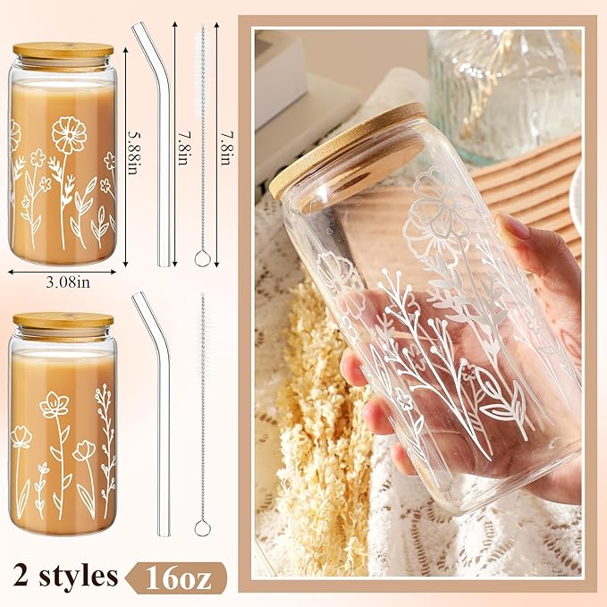 Mumufy Gift for Women Cute Glass Cup Tumbler Flower Iced Coffee Mugs 16 oz Glass with Bamboo Lid & Straw, Mothers Day Birthday Gift for Mom Sister Bridesmaid Baby Shower(2 Pack,Boho Floral)