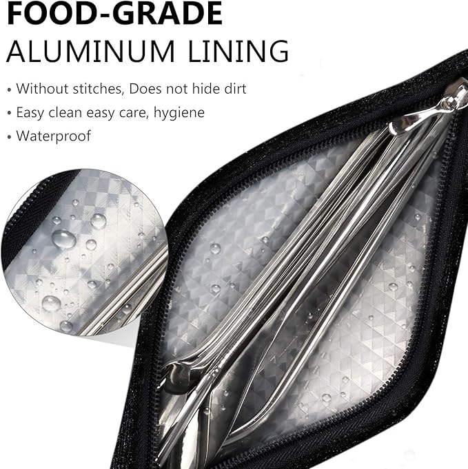 Aosbos Reusable Stainless Steel Straw Case - Metal Pouch with Silicone Straws - Travel Utensil Sets Pouch, Black