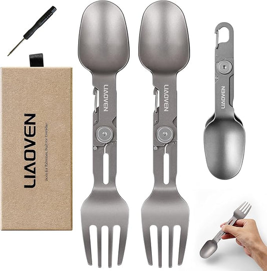 (2Pack) Titanium Spork 3 in 1 Folding Fork and Spoon Eco-Friendly Ultralight Camping Spork with Locking Function, Portable Flatware for Outdoor Camping Backpacking Hiking Travel Picnic Tableware