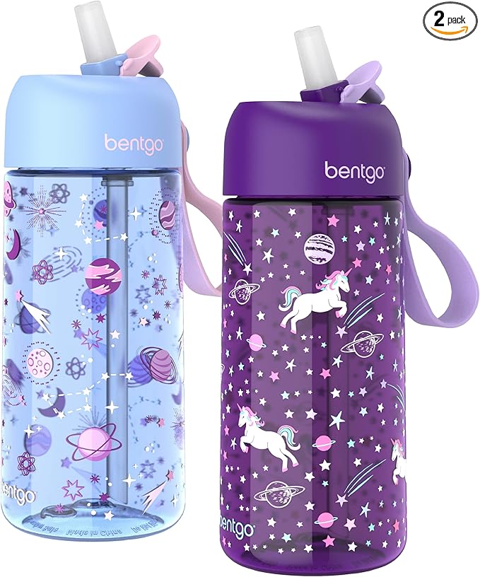 Bentgo Kids Water Bottle 2-Pack - Leak-Proof, Durable Tritan, BPA-Free 15 oz. Cup for Kids/Toddlers Ages 3+, Safe Sip Spout, & Dishwasher Safe for School/Sports/Daycare/Camp (Unicorn/Lavender Galaxy)